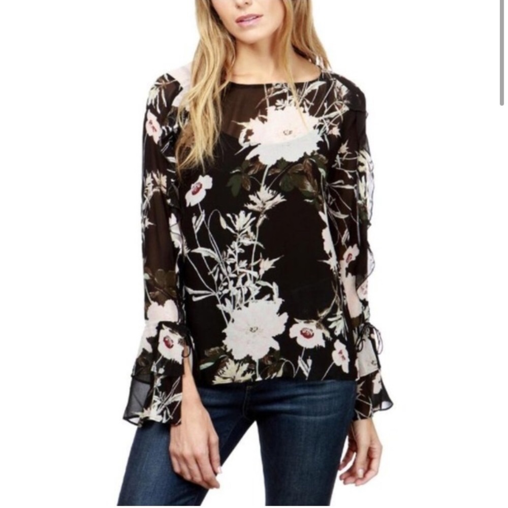 Lucky Brand Sheer Black Top with Pink Flower Print and Ruffle Sleeves Size S